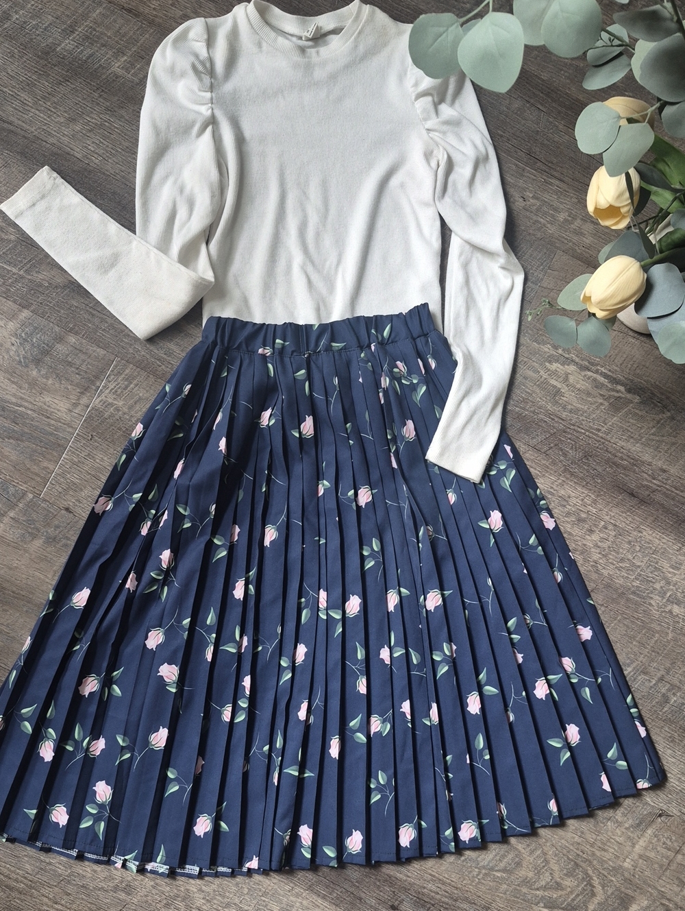 Navy Pleated Skirt with Pink Floral Print 12-14